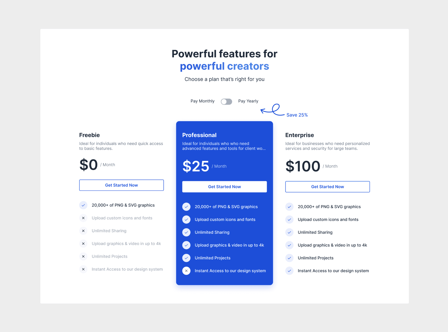 Pricing Plans Layout, Light UI for Designers